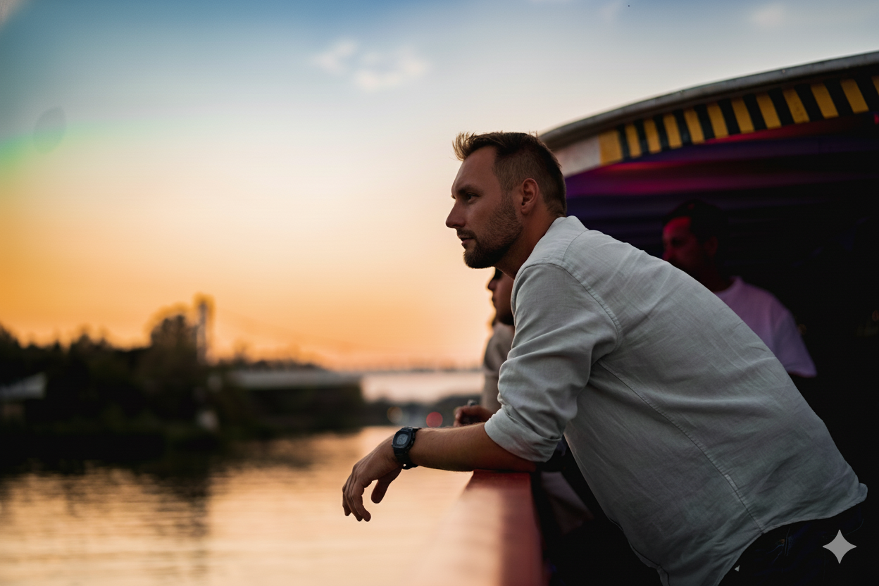 Pasażerowie podczas rejsu o zachodzie słońca po Odrze
